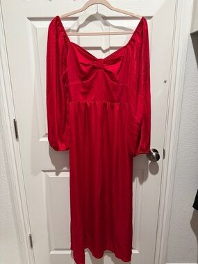 Red Long Sleeve Satin Midi Dress - Elegant Women's Dress